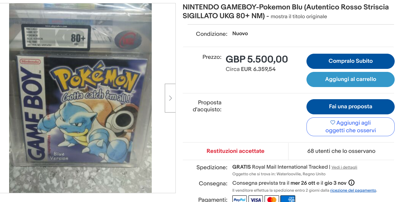 Videogioco Pokémon Blu sigillato e venduto su eBay