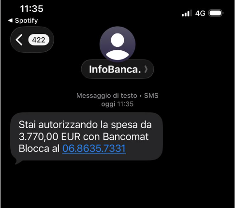 Screenshot dell'SMS al centro della truffa