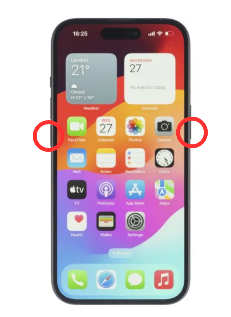 I tasti per spegnere iPhone sono evidenziati da due cerchi rossi