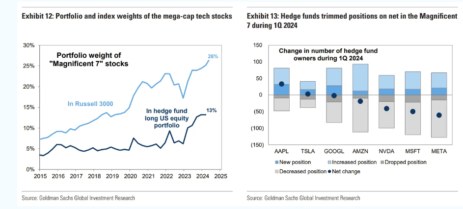 Peso delle Magnifiche 7 nei portafogli degli hedge fund