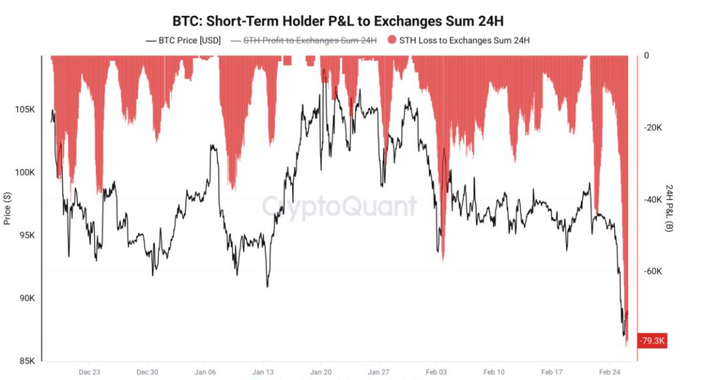 Posizioni in perdita dei detentori di Bitcoin a breve termine