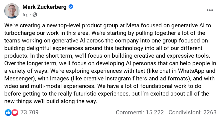 La dichiarazione originale di Mark Zuckerberg