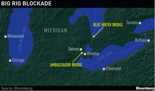 Cartina dell'Ambassador Bridge fra Ontario e Michigan