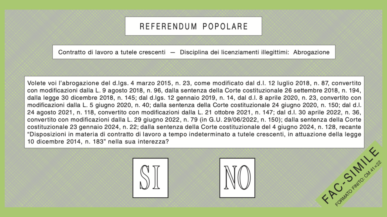 Fac-simile scheda verde referendum 2025