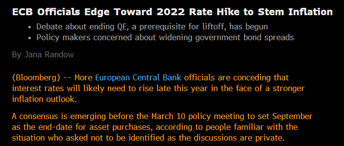 L'indiscrezione di Bloomberg sulla quasi maggioranza raggiunta nel board Bce sul rialzo dei tassi