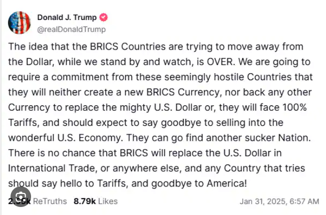 Il post su Truth Social con cui Trump minaccia i BRICS