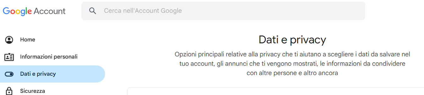 Dati e privacy Google Account