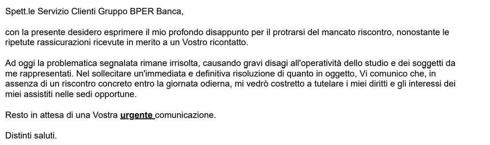 L'altra email inviata lo scorso 19 maggio 2026 dal correntista di Popolare di Sondrio