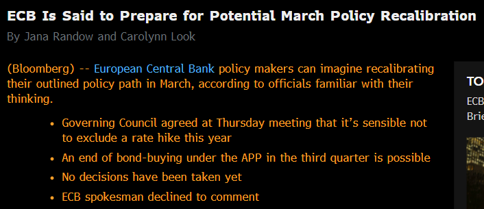 Schermata di Bloomberg con le indiscrezioni filtrate dal board Bce