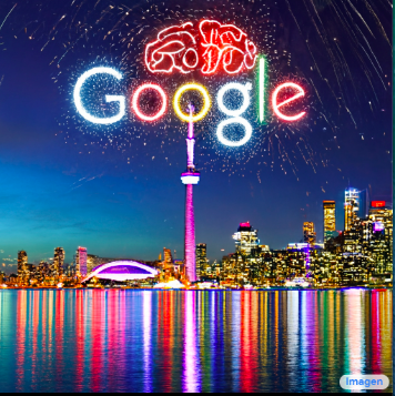 Skyline di Toronto e Logo di Google con un cervello nei fuochi d'artificio