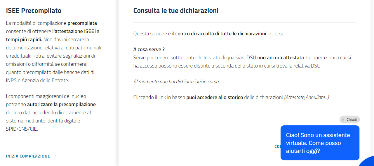Schermata iniziale Portale unico Isee