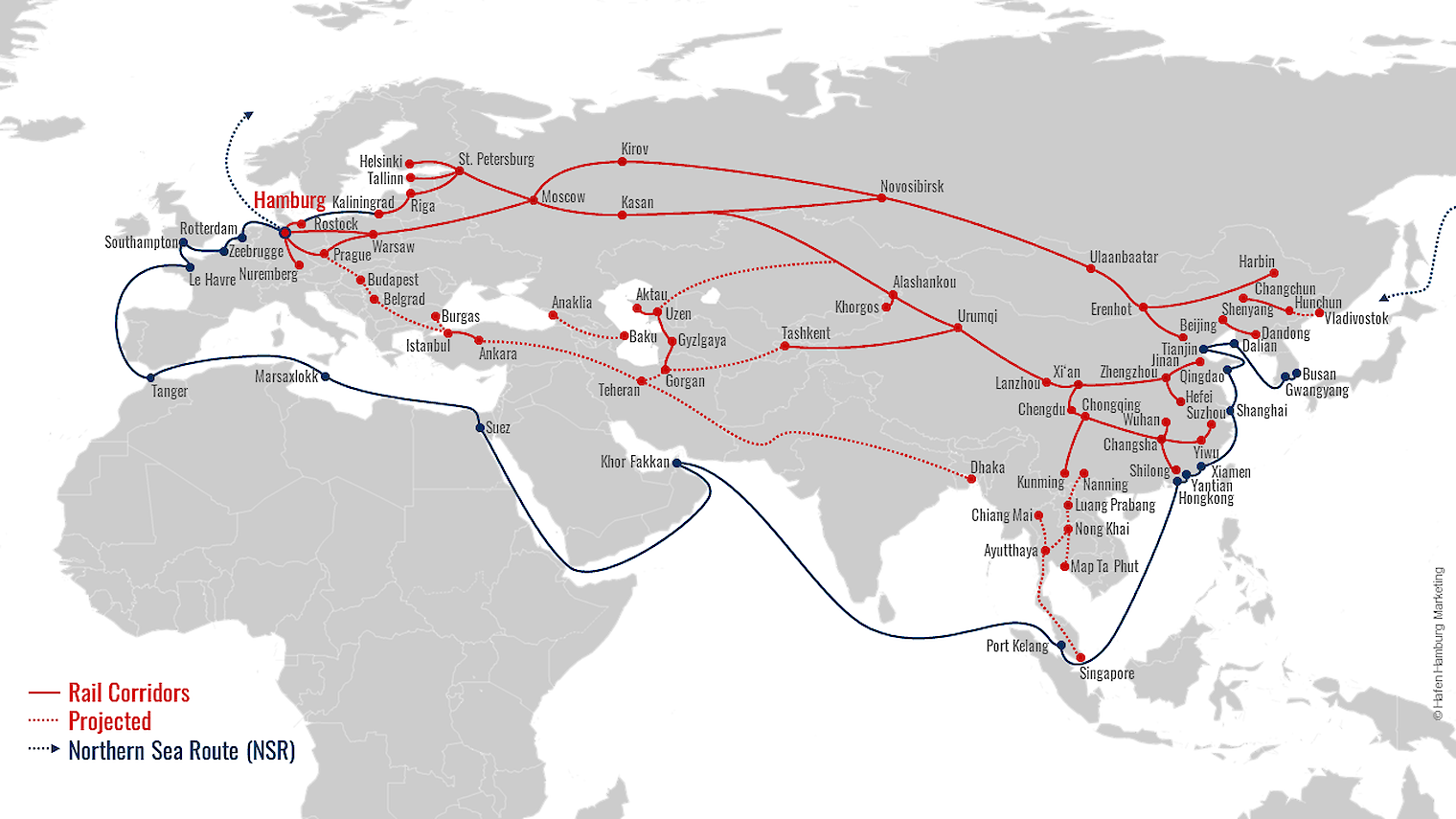 Le tratte multimodali di collegamento fra Cina e hub di Amburgo