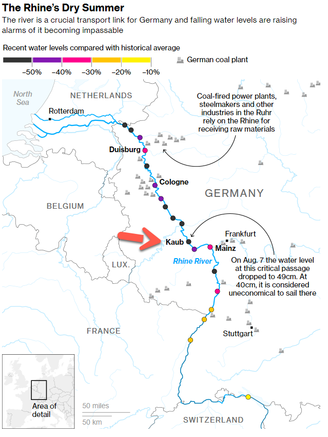 Mappa delle tratte di navigabilità commerciale del fiume Reno