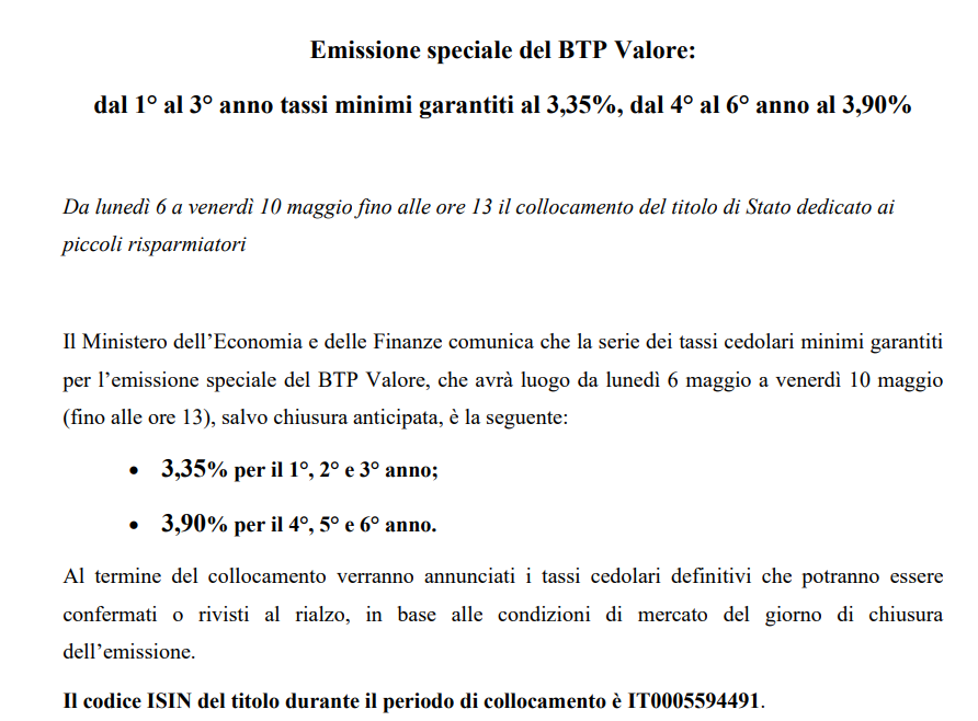 BTP Valore maggio 2030