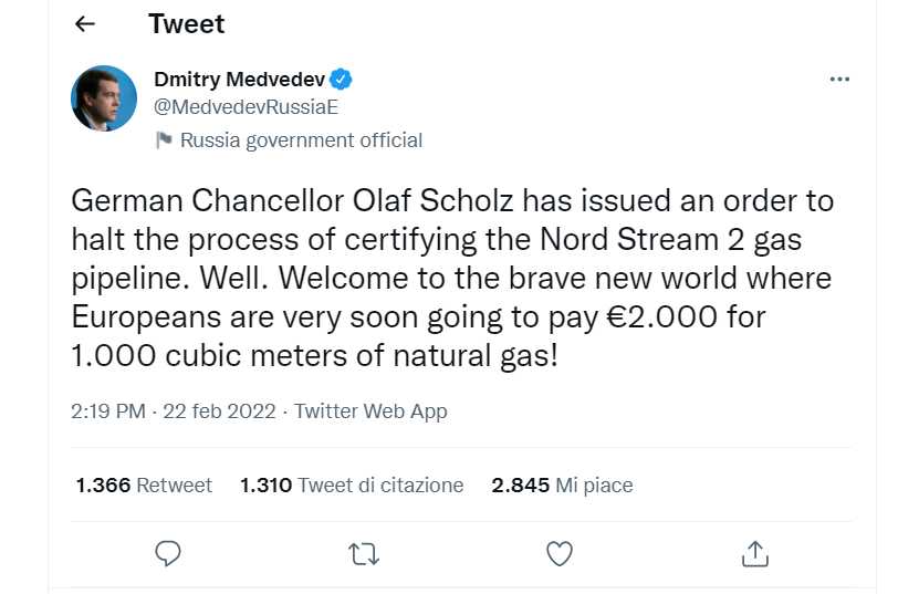 Il tweet dell'ex premier ed ex presidente russo relativo a Nord Stream 2
