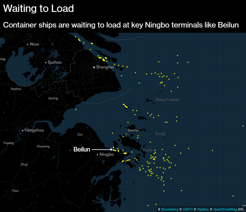 Mappa aerea dei container in attesa all'hub di Ningbo