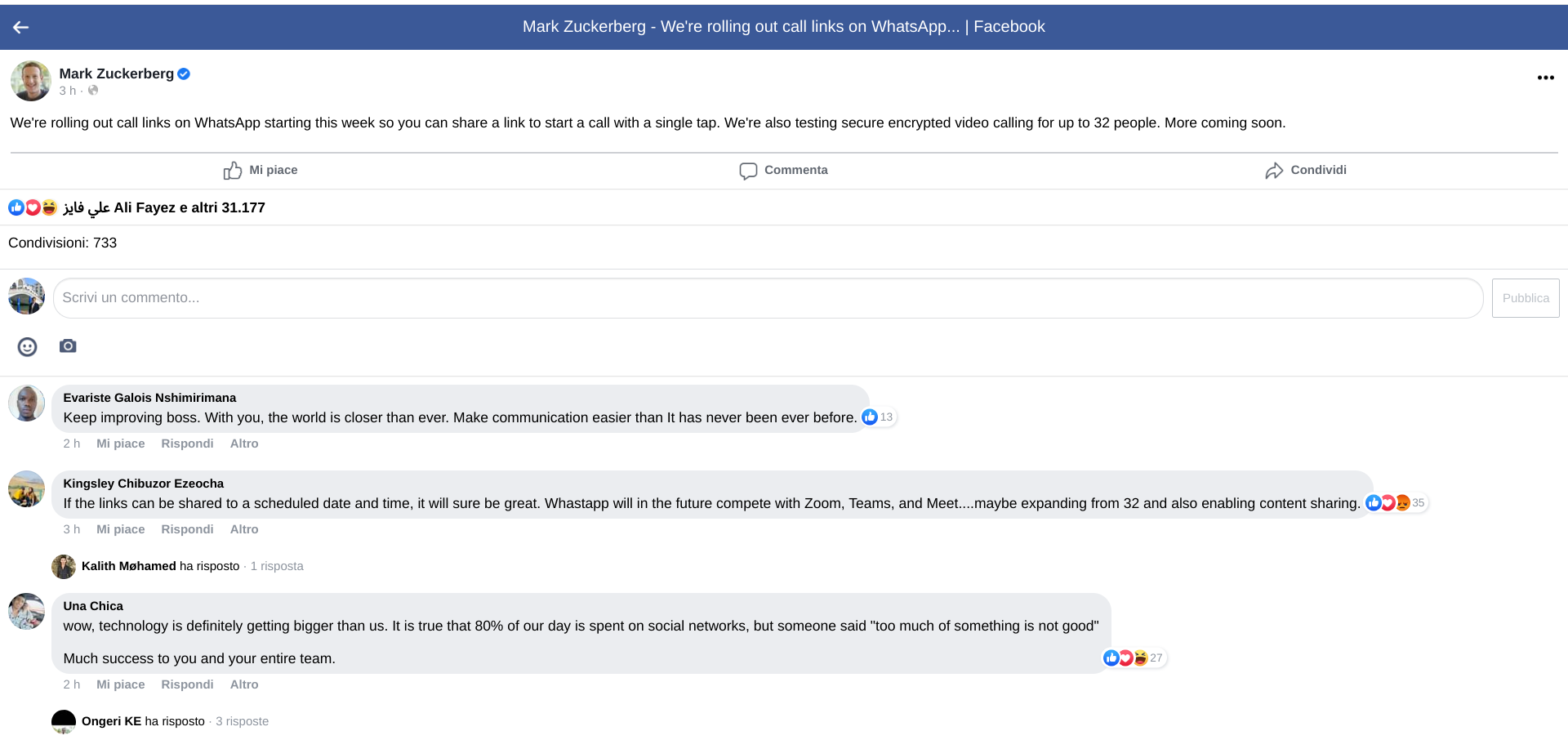 La dichiarazione di Mark Zuckerberg sul suo profilo Facebook