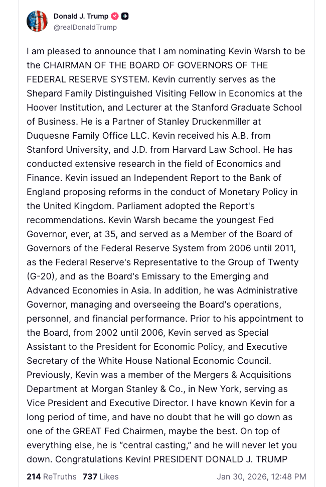 Il post su Truth Social