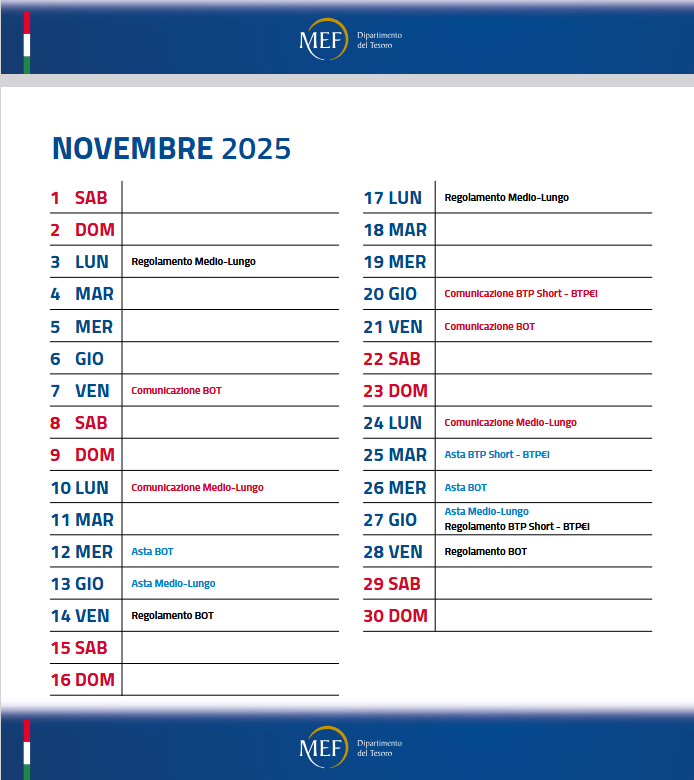 Il calendario dei BTP e dei BOT in arrivo nel mese di novembre