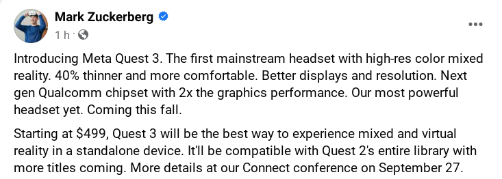 Mark Zuckerberg annuncia Meta Quest 3 su Facebook.