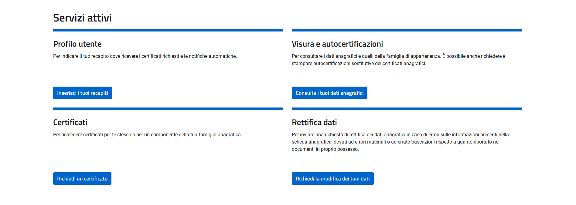 Servizi al cittadino, 4 sezioni
