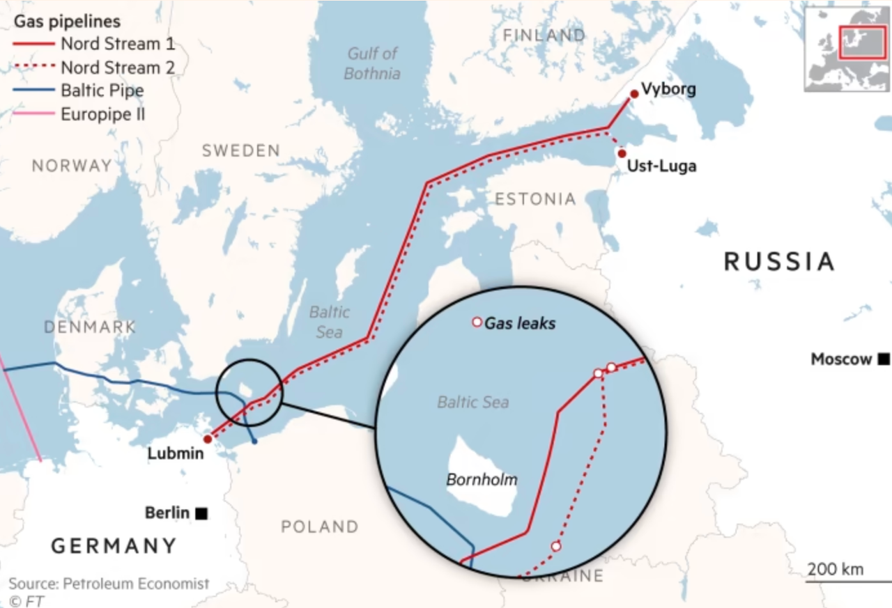 Cartina dell'area interessata dall'incidente a Nord Stream