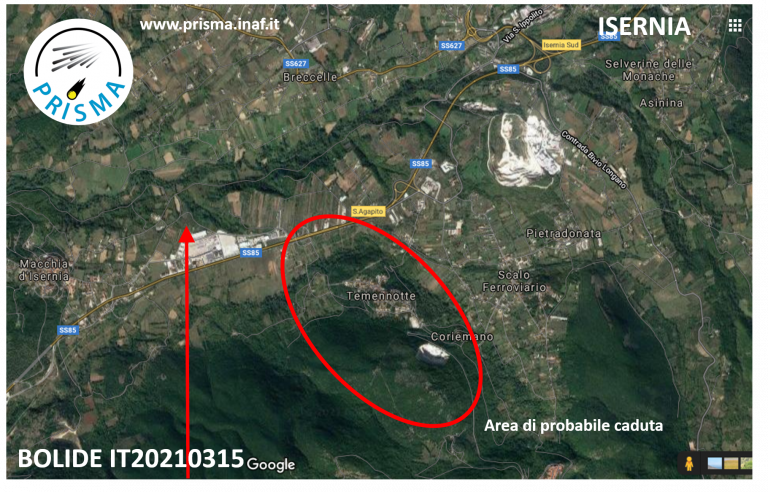 Punto di caduta del meteorite in Molise (Fonte: Prisma-Inaf)