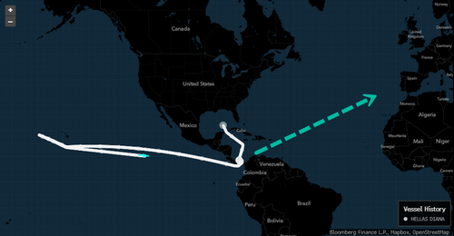 Percorso del tanker Hellas Diana dal Texas alle Hawaii e ritorno