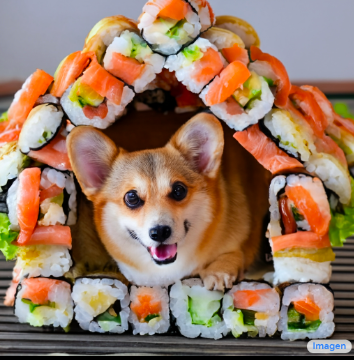 Corgi in una casetta fatta di sushi