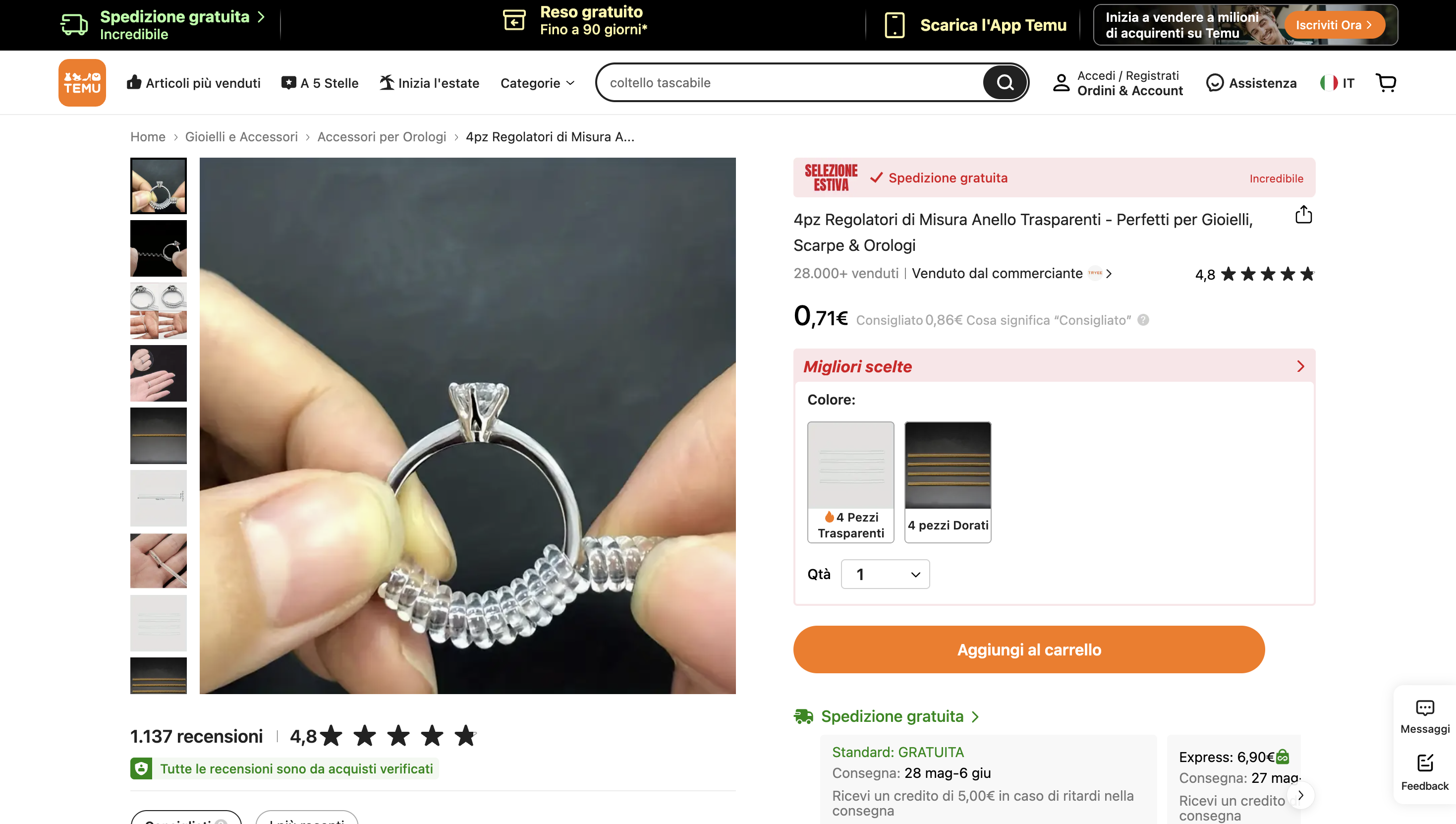 La pagina prodotto di Temu