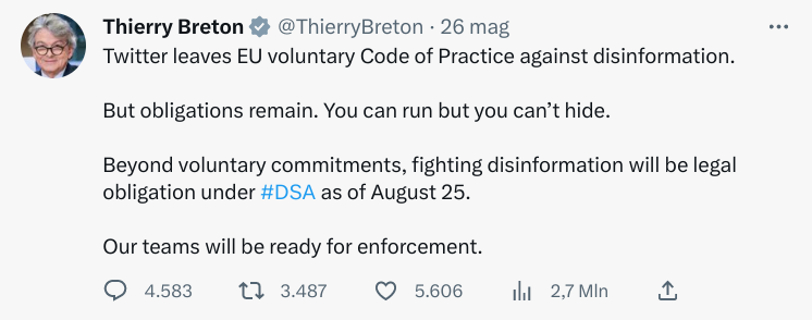 Il tweet del Commissario europeo Thierry Breton.