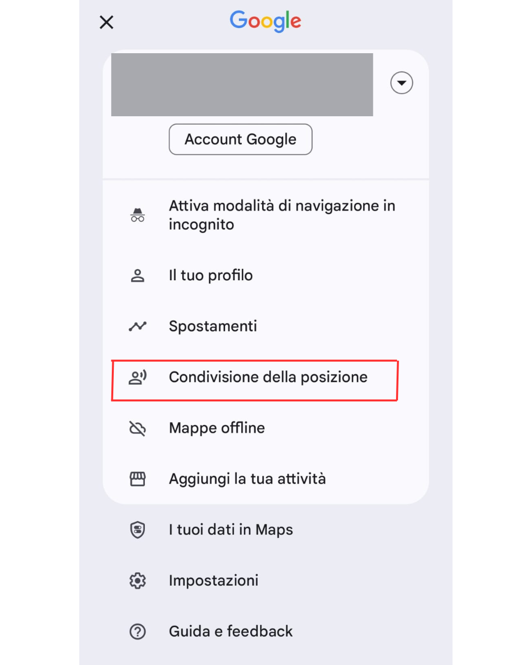 Cliccare su “Condivisione della posizione”