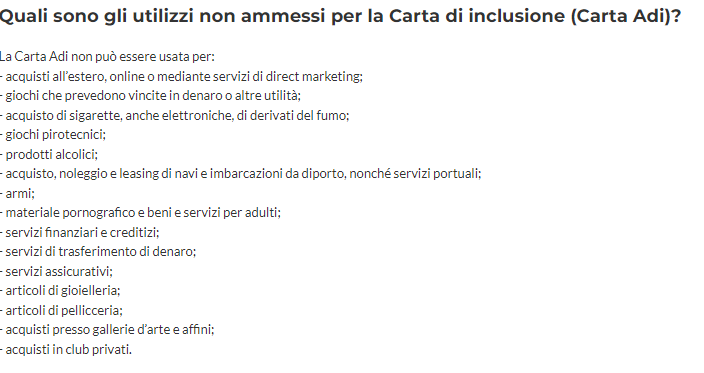Acquisti vietati per la Carta di Inclusione