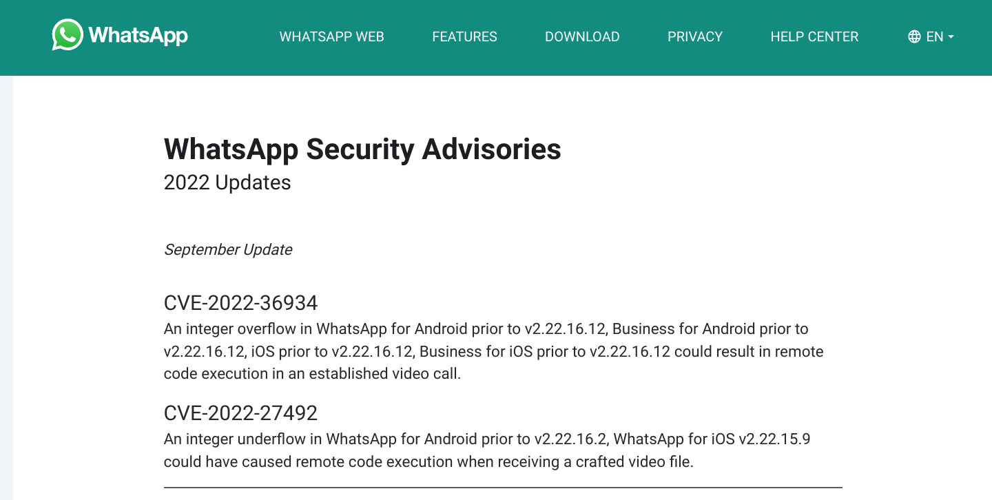Annuncio di WhatsApp riguardante i due nuovi bug