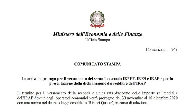 Proroga al 10 dicembre 2020 per imposte e dichiarazione dei redditi: novità nel Ristori quater