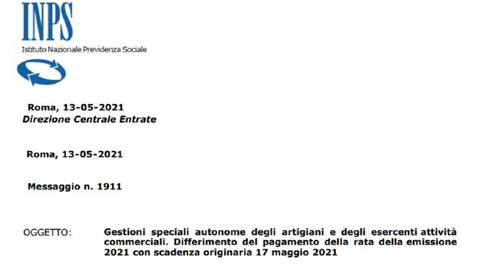 Proroga contributi INPS artigiani e commercianti: slitta al 20 agosto la rata del 17 maggio 2021 