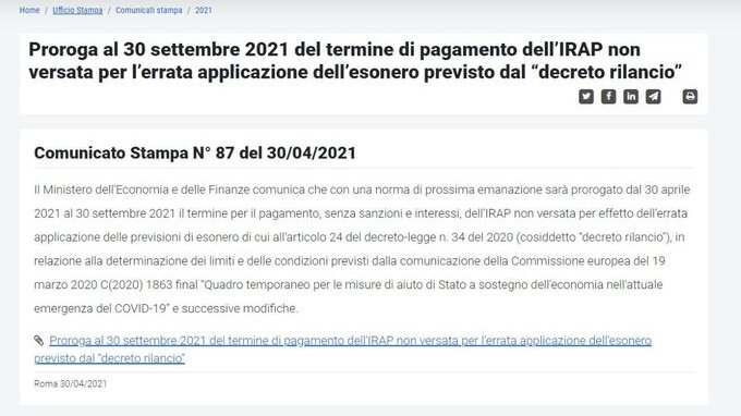 Proroga IRAP ufficiale: scadenza al 30 settembre. Novità dal MEF 