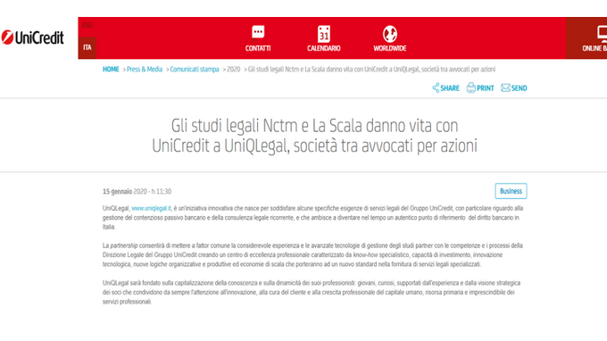 Unicredit lancia il suo studio legale: nasce UniQLegal