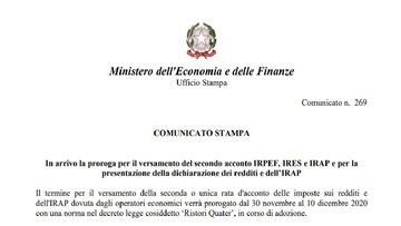 Proroga al 10 dicembre 2020 per imposte e dichiarazione dei redditi: novità nel Ristori quater