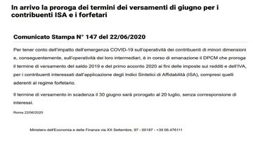 Ufficiale: proroga imposte al 20 luglio